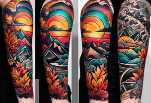 Full arm sleeve with fall colors and shapes tattoo idea