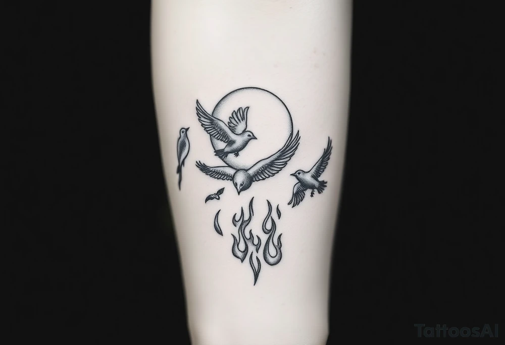 5 birds, the moon, flying, flames as filler tattoo idea