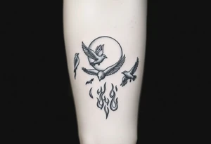 5 birds, the moon, flying, flames as filler tattoo idea