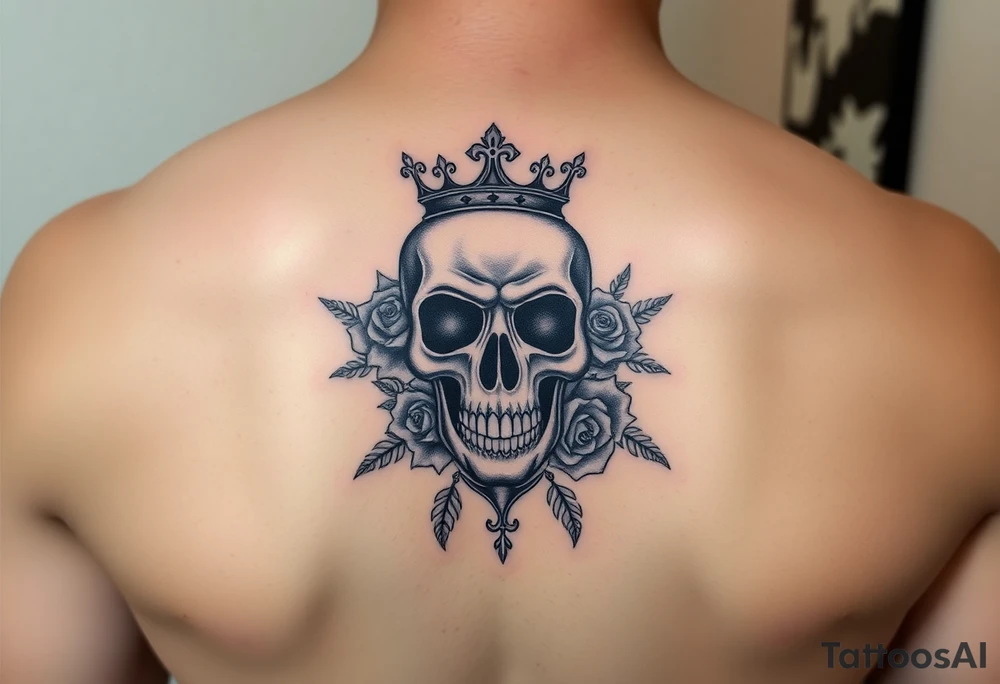 Bold vibrant gothic skull with a couple roses and crown with glow tattoo idea