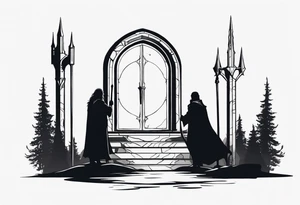 Lord of the rings. Small and very simple. Include Round hobbit door, gandalfs staff, barad dur silhouette in background, Harry Potter wands tattoo idea