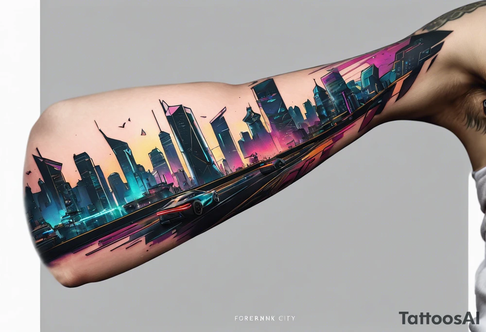 cyberpunk 2077, forearm tattoo, geometric, subtle, men, city skyline, 4k tattoo idea