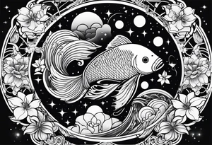 geometric half sleeve tatoo, space, nature, koi tattoo idea