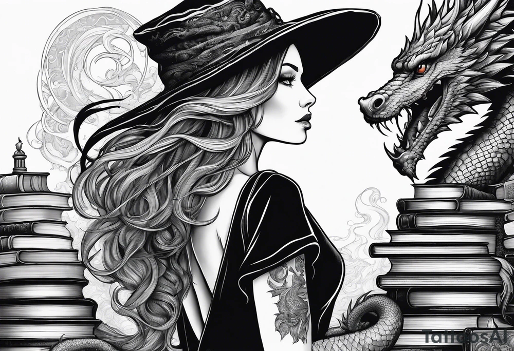 Witch in profile
surrounded by books and dragon tattoo idea Witch in profile
surrounded by books and dragon tattoo idea