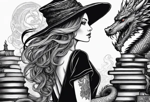 Witch in profile 
surrounded by books and dragon tattoo idea