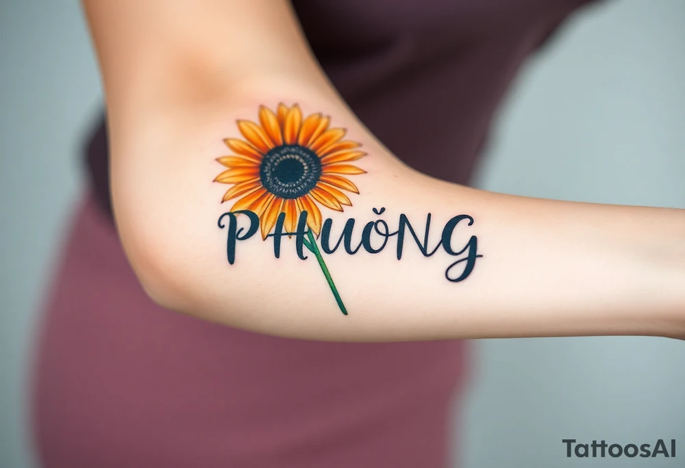Word "PHUONG" written vertical with the sunflower. tattoo idea
