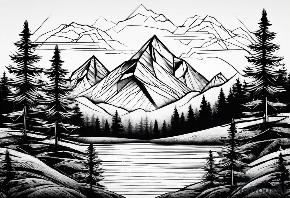 Black line tattoo with three different sizes triangles forming a mountain range with three trees tattoo idea