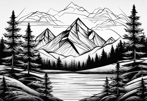 Black line tattoo with three different sizes triangles forming a mountain range with three trees tattoo idea