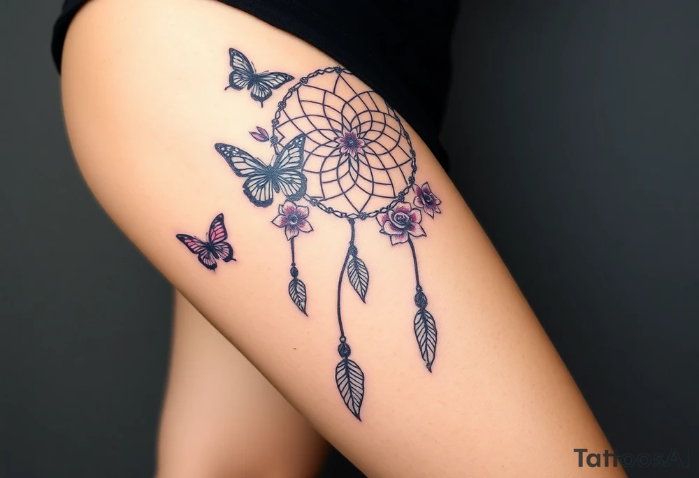 Dreamcatcher roses and butterflies tattoo idea