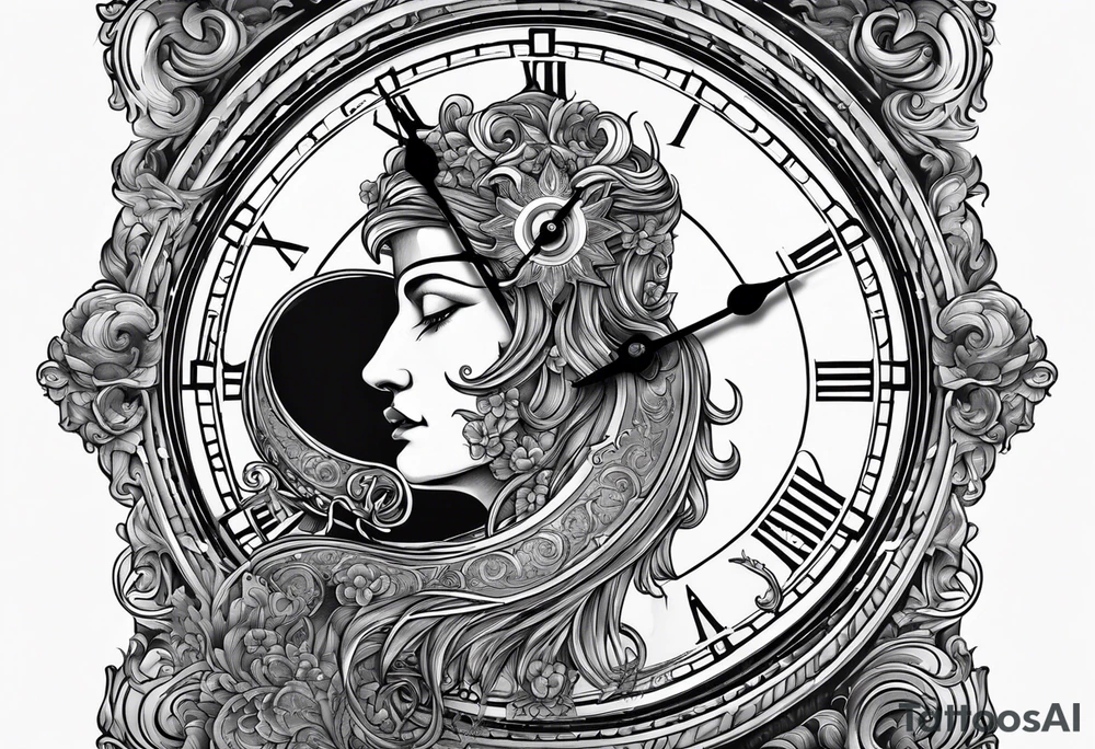 Roman god, timeless clock, Aquarius, moon tattoo idea Roman god, timeless clock, Aquarius, moon tattoo idea