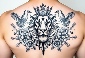 powerful majestic lion with a crown, surrounded by floral ornaments and birds tattoo idea