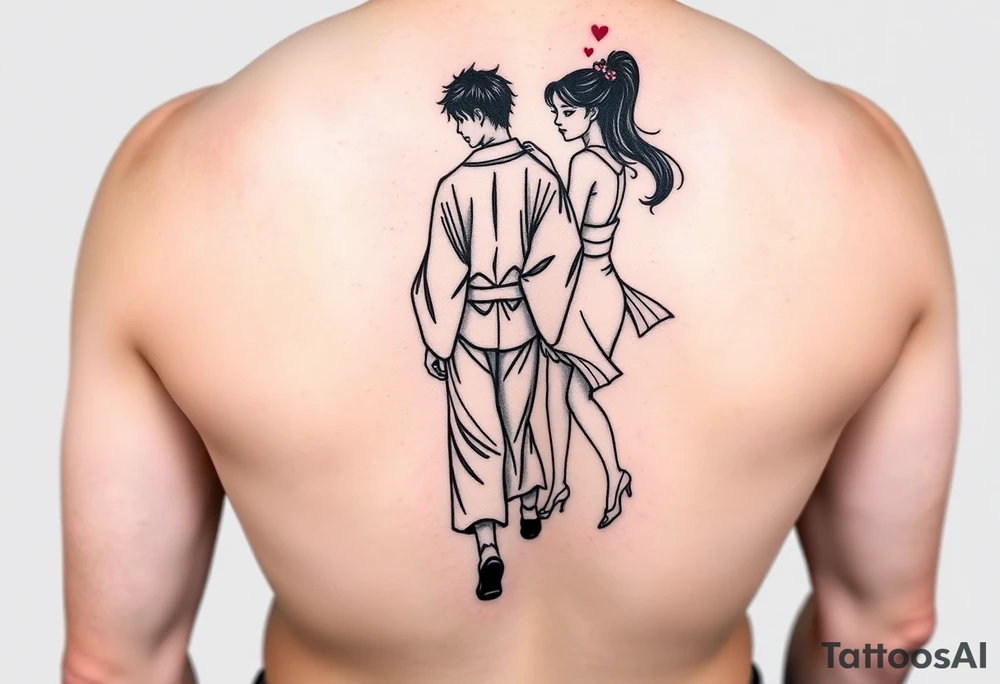 An abstract tattoo of a guy in a kimono walking forward while a girl pushes him from behind. tattoo idea