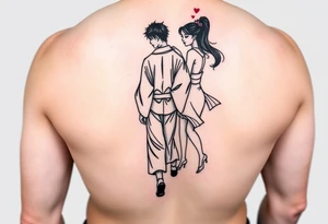 An abstract tattoo of a guy in a kimono walking forward while a girl pushes him from behind. tattoo idea