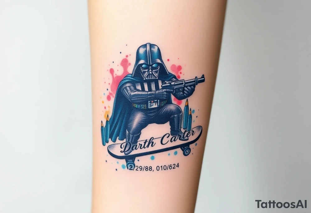 Darth Vader skateboarding holding gun > bullets > memorial > god > colors > futuristic 
add name "Darth Carter" on skateboard
add date in loving memory 12/29/88-01/06/24 tattoo idea
