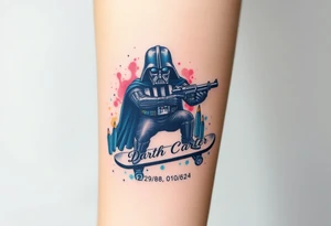 Darth Vader skateboarding holding gun > bullets > memorial > god > colors > futuristic 
add name "Darth Carter" on skateboard
add date in loving memory 12/29/88-01/06/24 tattoo idea