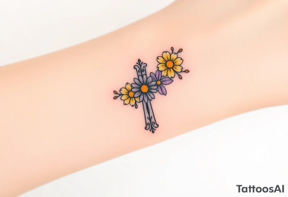 Yellow daisy Purple Hearts in heaven cross tattoo idea