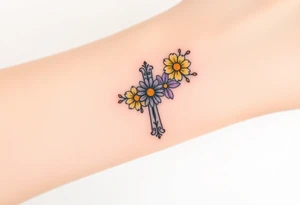 Yellow daisy Purple Hearts in heaven cross tattoo idea