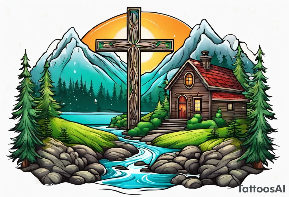 Cross with a river and evergreens tattoo idea
