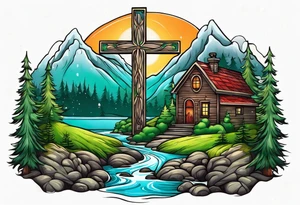 Cross with a river and evergreens tattoo idea