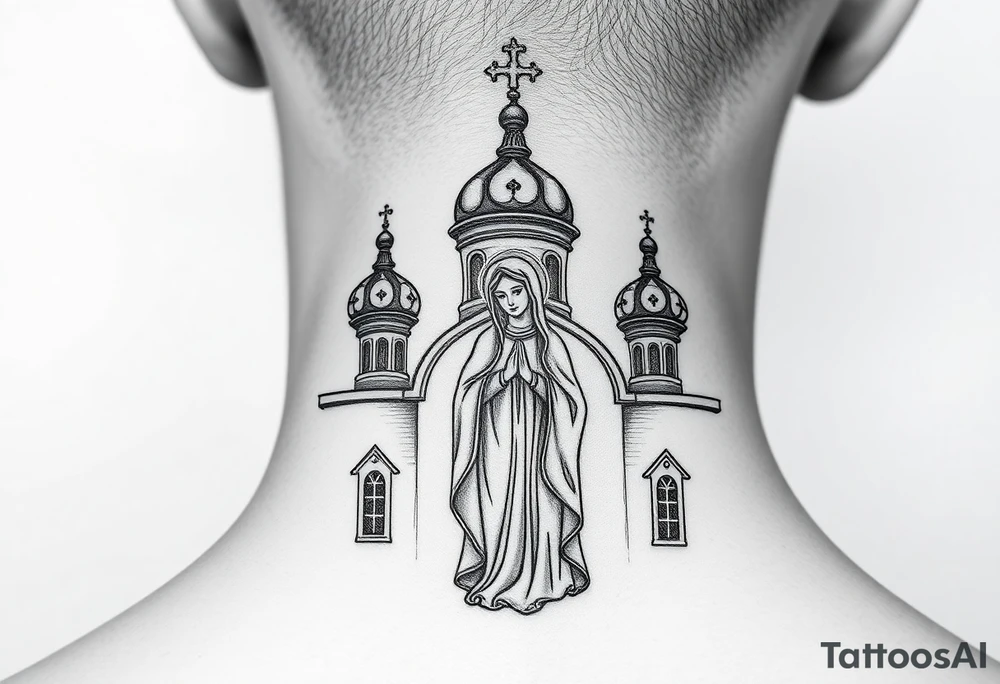 Russian orthodox church with bulb domes with a prominent russian orthodox style virgin mary stood outside with hands together tattoo idea