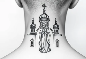 Russian orthodox church with bulb domes with a prominent russian orthodox style virgin mary stood outside with hands together tattoo idea