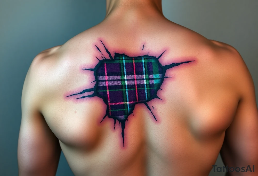 Dark Purple with green pink blue and white highlights tartan fabric on arm with skin ripping away to reveal tartan underneath tattoo idea