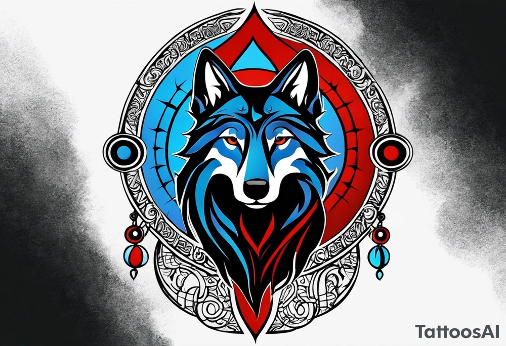 a tattoo whose main theme is balance but also resembles new begining, strong willpower, peace and loyalty. This should be for the front part of the shoulder. maybe add the ying-yang symbol somewhere in the tattoo. Tattoo should have an equal amount of blue and red along with the overall tattoo being black. In corporate a wolf into the tattoo, make sure it resembles ing and yang. wolf needs to look dangerous tattoo idea