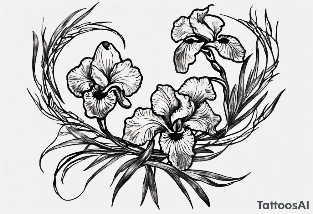 Create a small Vincent van Gogh Irises tattoo. The tattoo should take the form of a crescent, with vines gracefully intertwining at a central point in the middle of the wreath. Ensure that the design avoids the appearance of a bush and maintains a more structured and deliberate arrangement. The intended placement is on the upper chest. The overall design should be small in size while maintaining a delicate and artistic aesthetic. Pay attention to the graceful flow of the vines and the placement of the irises to achieve a refined and elegant look. tattoo idea