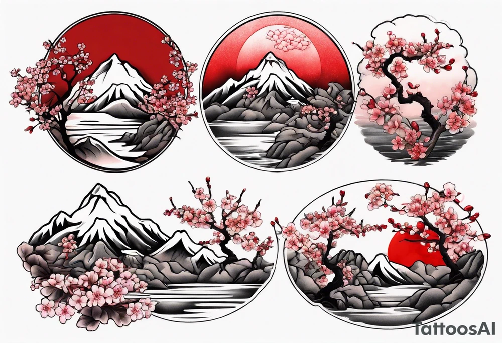 Cherry blossom red sun mountains landscape tattoo idea