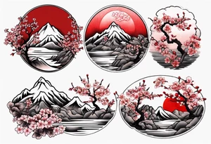 Cherry blossom red sun mountains landscape tattoo idea