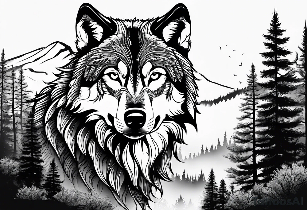 Wolf face with nature background tattoo idea