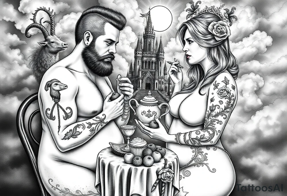 Mystical Naked Man and woman having sex eating cupcakes and  fruit  having sex clouds gothic sexy naked fat lady having a tea party with tea pot with fancy castle  
with a pigs, peacock,  lion, goat, noose and smoking cigerettes looking in the mirror thru storm clouds and broken hearts and darkness and wrath, envy , gluttony, greed, sloth, pride . Gothic tattoo idea