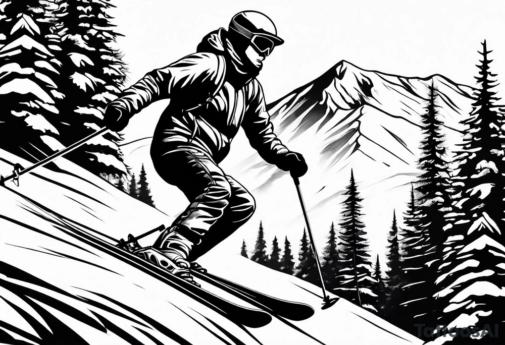 snow skier coming down mountain with large trees tattoo idea