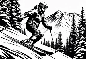 snow skier coming down mountain with large trees tattoo idea