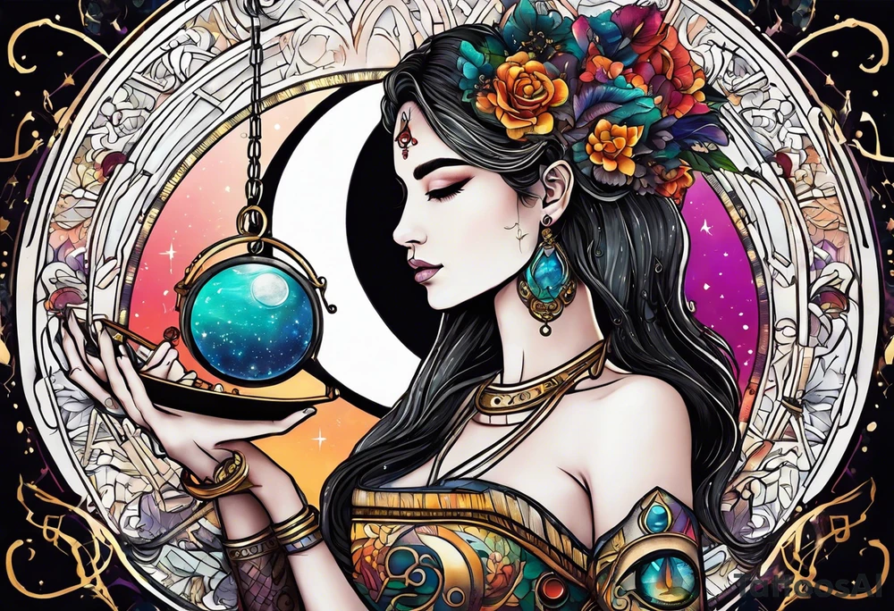 Libra woman holding scales with a night zodiac background including a half moon that encircles half of the woman with vibrant colors tattoo idea