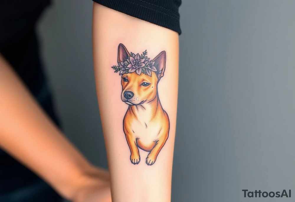 tan staffie with succulents and flowers surrounding her head tattoo idea
