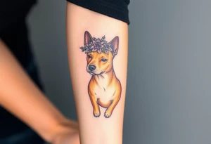tan staffie with succulents and flowers surrounding her head tattoo idea