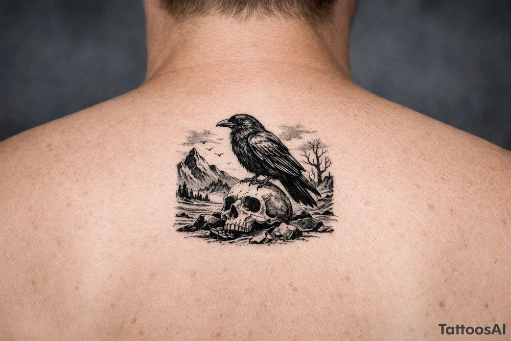 a raven sitting on a skull, landscape. tattoo idea
