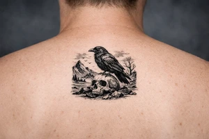 a raven sitting on a skull, landscape. tattoo idea
