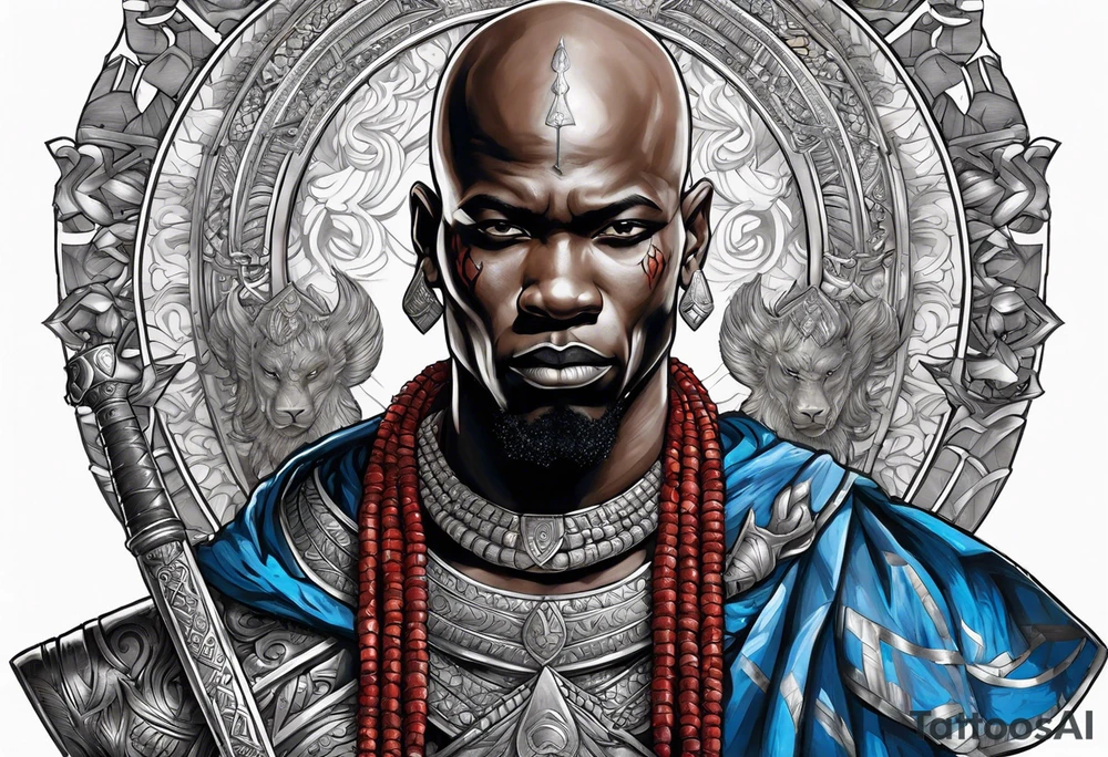 An african god, a bald warrior, that uses a sword and a silver crown. He also uses blue and red necklaces tattoo idea
