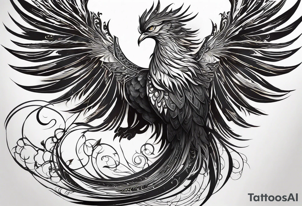 A majestic fire phoenix, rising powerfully with its wings spread wide and feathers flowing, representing rebirth and resilience. The phoenix is detailed with intricate feathers, creating a sense of movement and vitality. The design is bold, with deep shading and texture that adds dimension and intensity to its form. tattoo idea