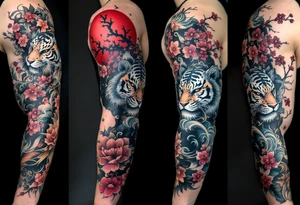 Full arm sleeve, one koi fish, one tiger, the sun, cherry blossom filler, beautiful tattoo idea