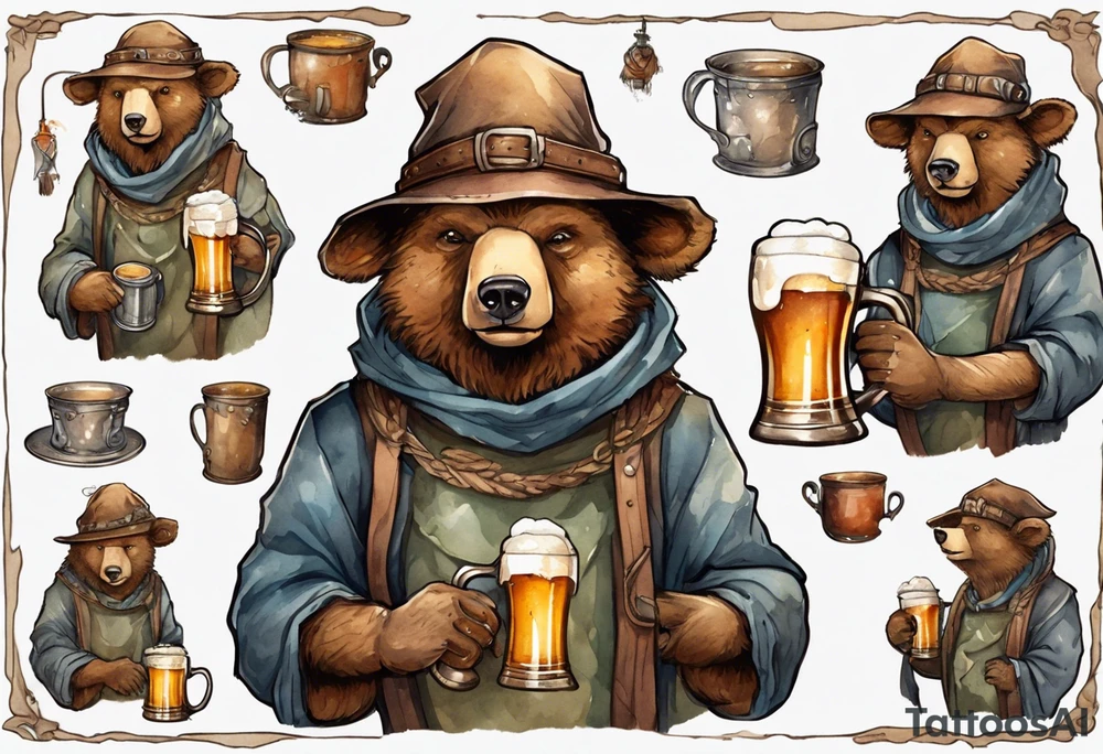 a medieval bear-human hybrid wearing a tunic and floppy hat and drinking from a pewter mug of beer in a tavern, smiling tattoo idea