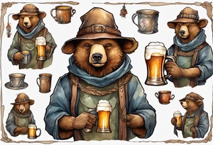 a medieval bear-human hybrid wearing a tunic and floppy hat and drinking from a pewter mug of beer in a tavern, smiling tattoo idea