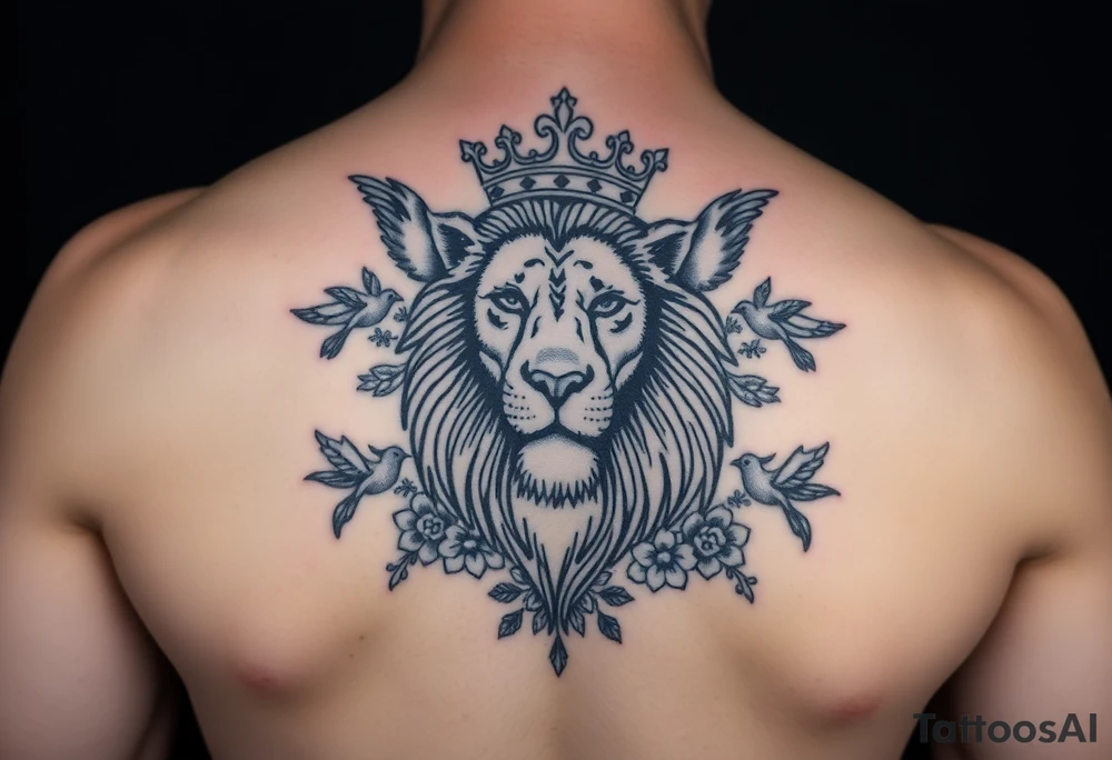 powerful majestic lion with a crown, surrounded by floral ornaments and birds tattoo idea