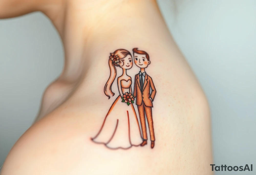 A softly shaded vintage-style illustration of a bride and groom, with sepia tones for an old-world charm tattoo idea