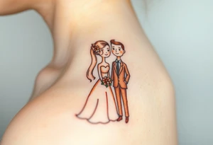 A softly shaded vintage-style illustration of a bride and groom, with sepia tones for an old-world charm tattoo idea