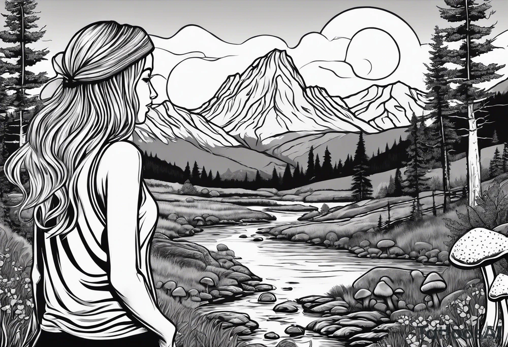 Whole picture encircled fully

Straight long blonde hair hippie girl in distance holding mushrooms in hand facing away toward mountains and creek surrounded by mushrooms long sleeve shirt and hiking pants; whole rendering within a full circle, no cut off circle tattoo idea