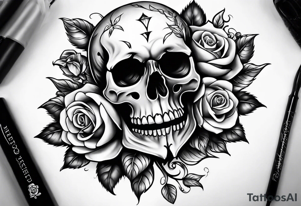 Skull rose santanic pagan realistic tattoo idea