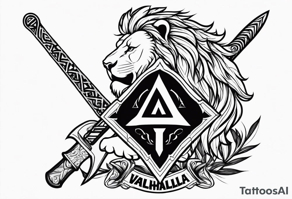 Valhalla sword shield lion 
 axe Valknut tattoo idea